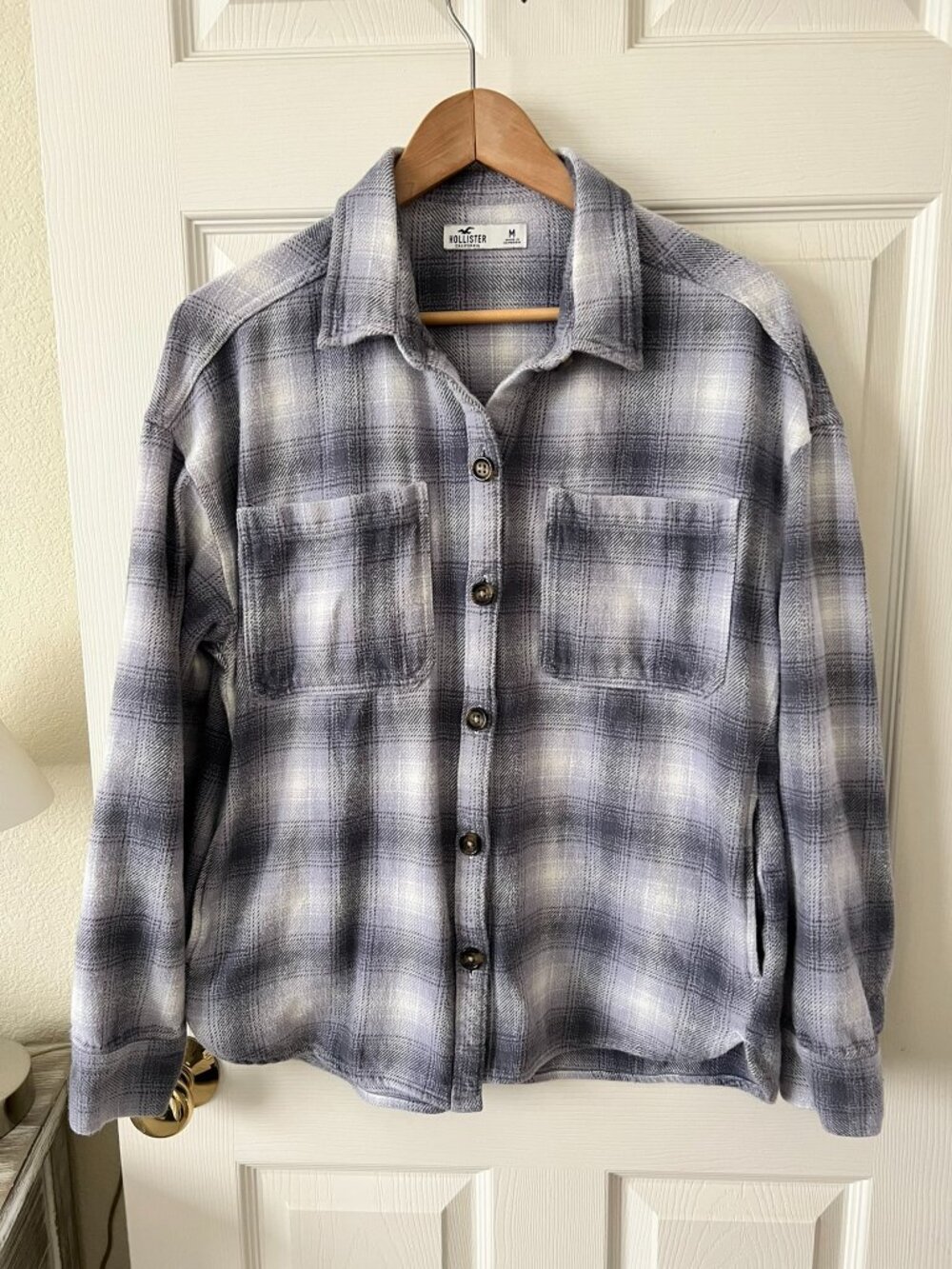 Hollister 💚 Plaid Shacket Womens Medium Gray Purple Pockets